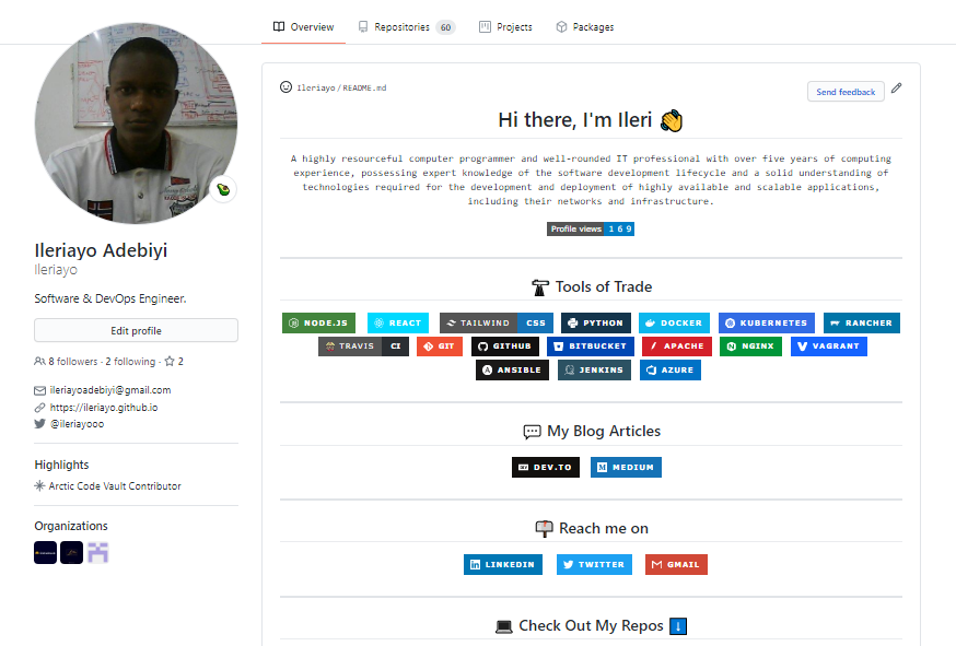 Ileriayo’s GitHub profile featuring technology badges